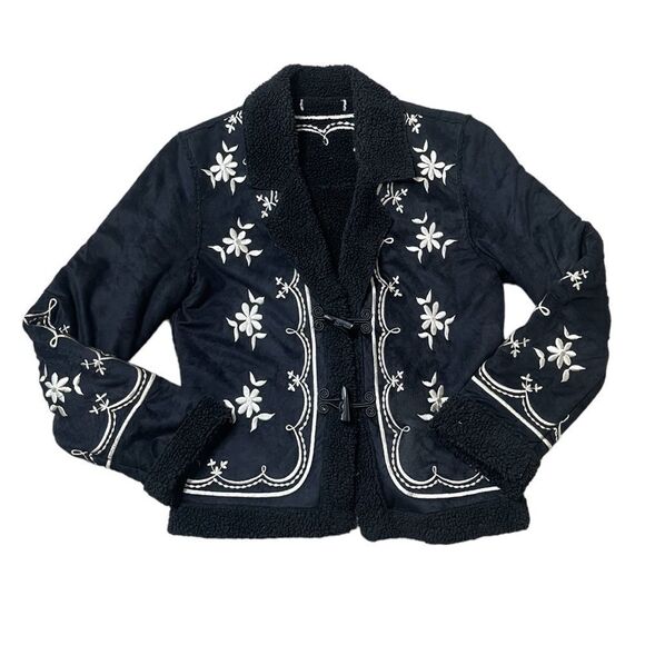 White House Black Market Embroidered Vegan Suede Boho Sherpa Toggle Jacket XS - Picture 1 of 15